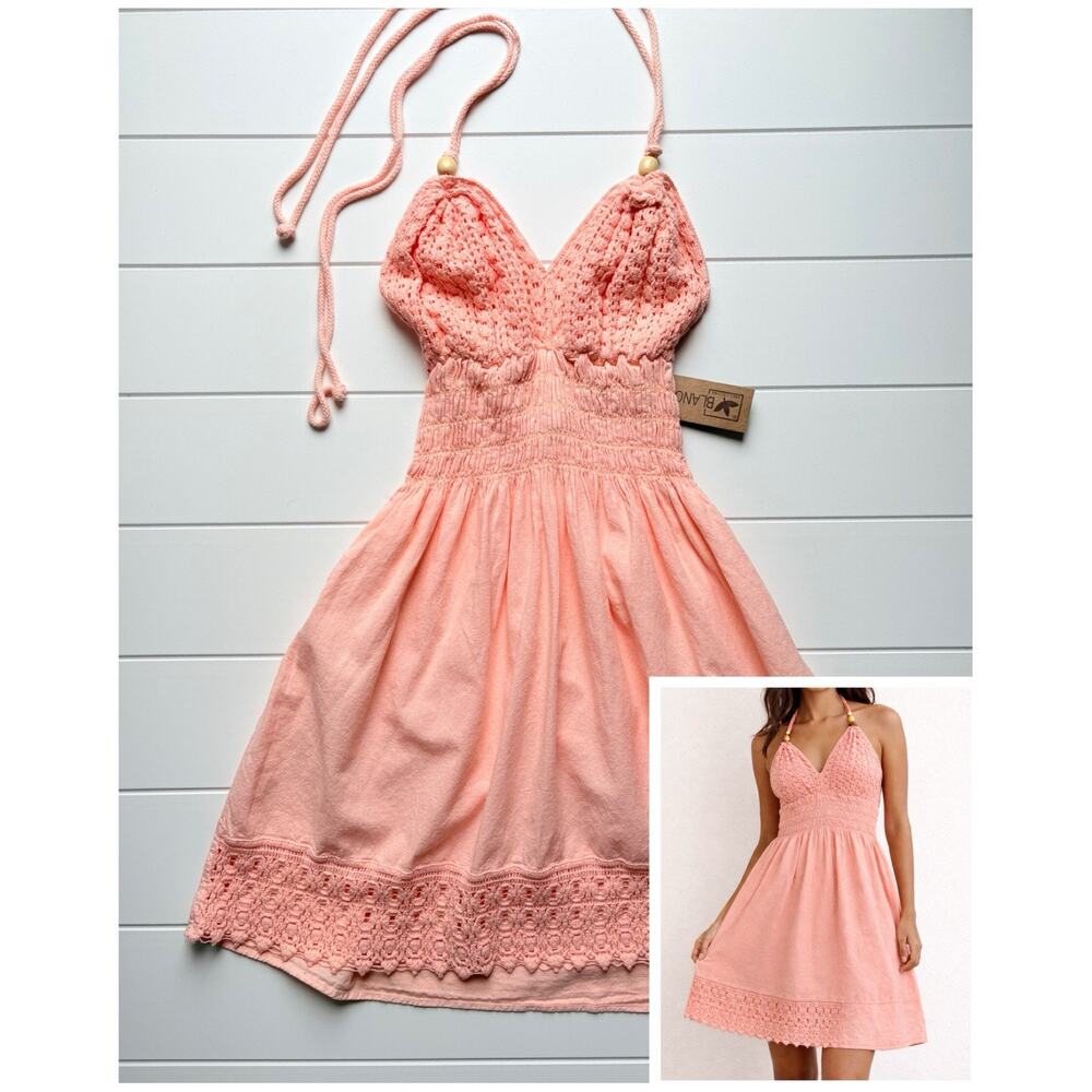Blanco Coral Pink Crochet Lace Halter Mini Dress Size S Smocked Boho Cottagecore